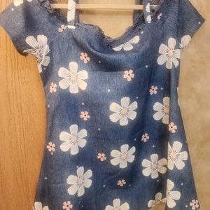 Summer top. Blue with large white flowers and pink highlites. Off-Shoulder